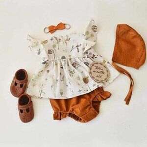 Baby Girl Adorable Fall Photoshoot Romper Blouse Headband and Hat Outfit